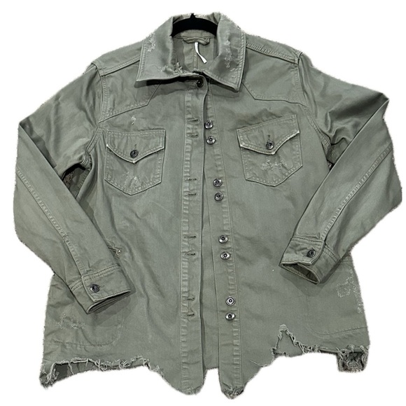 🧥🪖 FREE PEOPLE‎ Army Green Utility Denim Jacket | XS | Relaxed Fit Layering - Picture 1 of 4